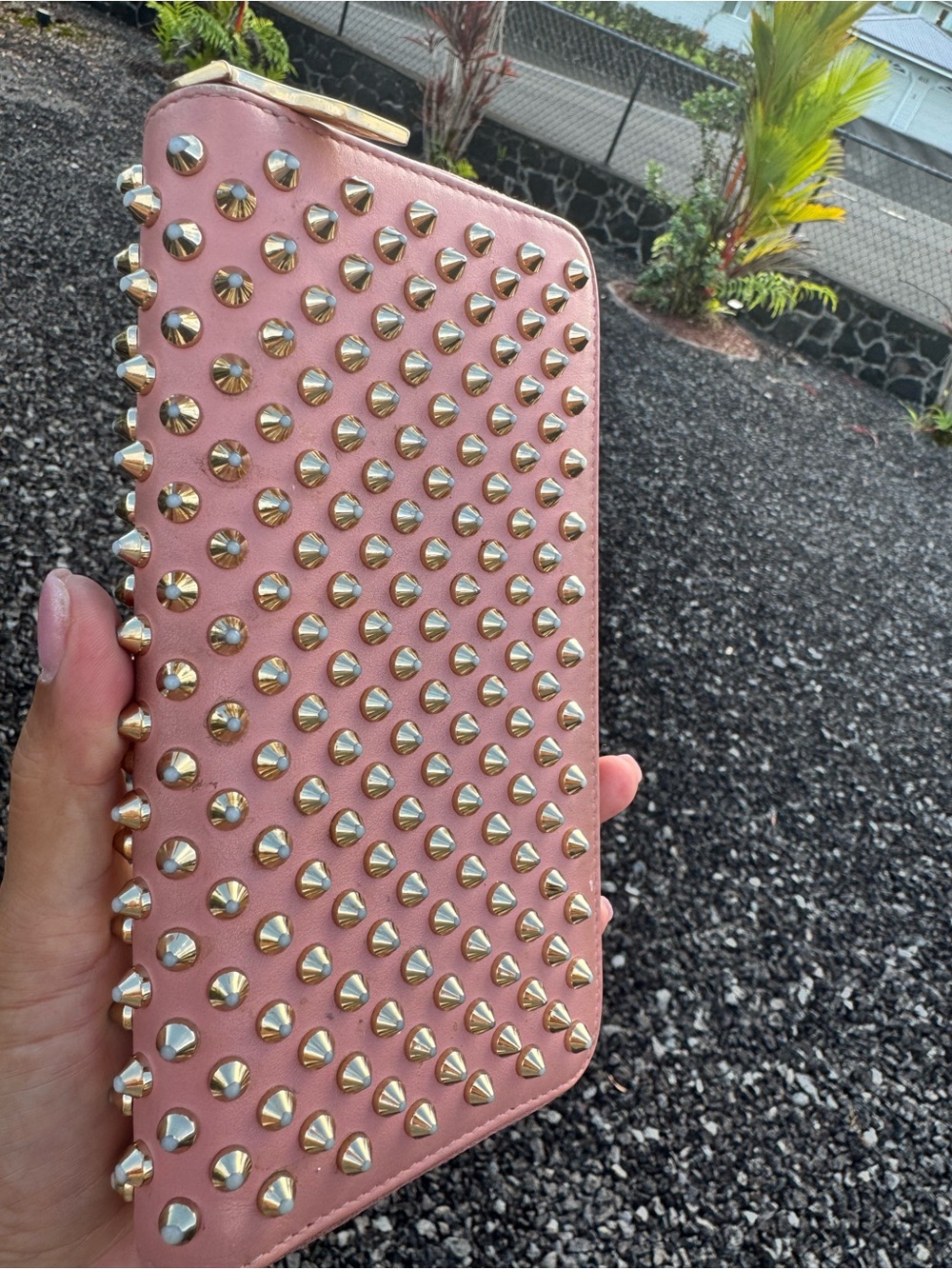 Christian Louboutin Pink Spiked Zip Around Wallet Gold Studs Leather - Picture 10 of 14